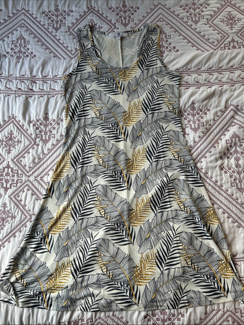 Jean-Pierre Klifa Sleeveless Racerback Dress with Gray & Gold Leaf Print